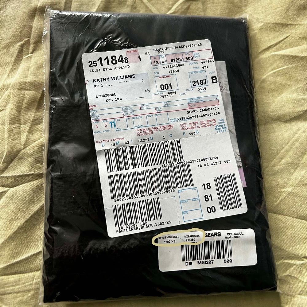 PANTLINER LONG, NYLON BLACK, SIZE 2XL, SEARS, IN ORIGINAL BAG, TAGS ON, NEW NEVE